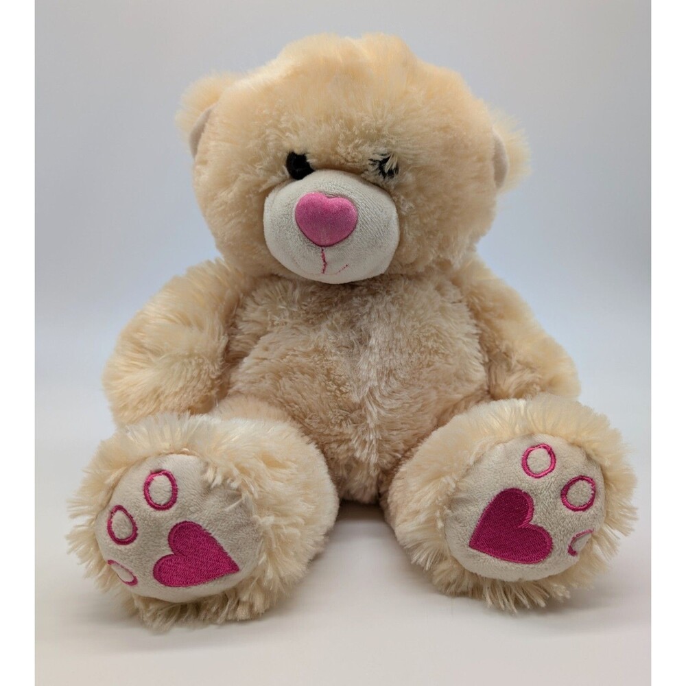 Tan Brown Plush Teddy Bear Pink Heart Nose Paw Prints Valentine's Day Hug Fun